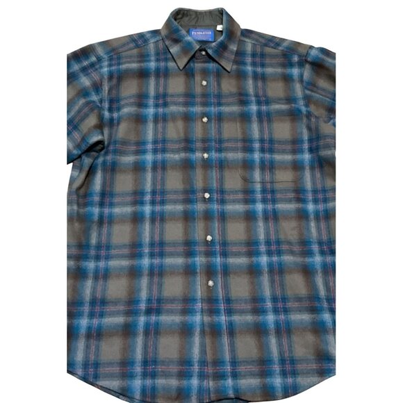 Pendleton Plaid Button-Up Shirt Size M 100% Virgin Wool Blue & Gray Long Sleeve - Picture 2 of 5